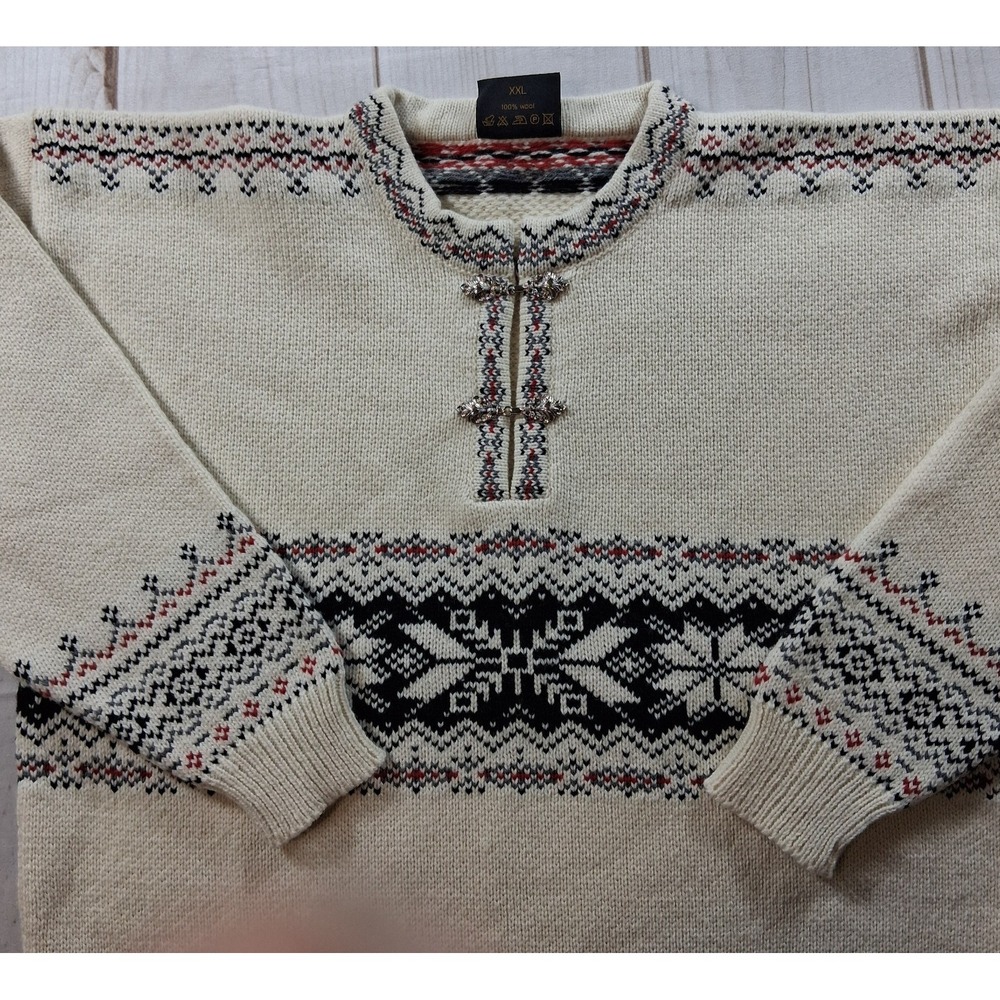 Vintage Levandi Nordic Womens Size XXL Cream Wool Fair Isle Pewter Clasp Sweater